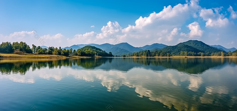 晴朗天空映衬着清澈的湖水摄影图,高清,摄影图,摄影图片,图片大全,摄影图免费下载
